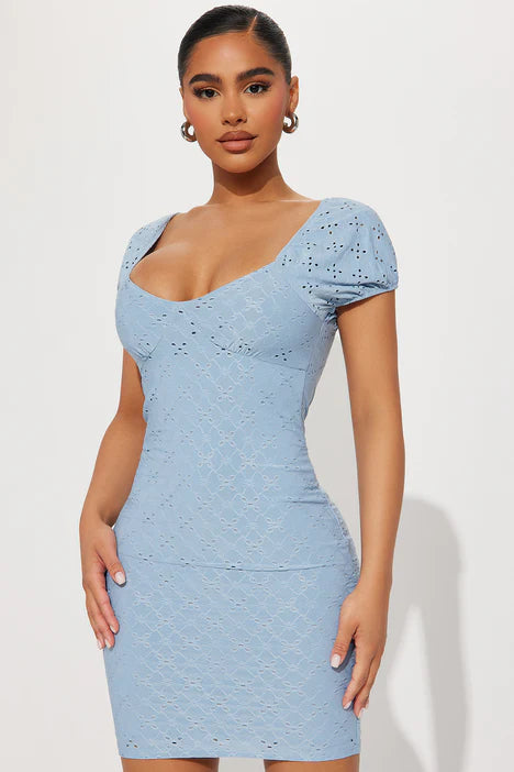 Eyelit Short Sleeve Mini Dress - Ice Blue FASHION NOVA