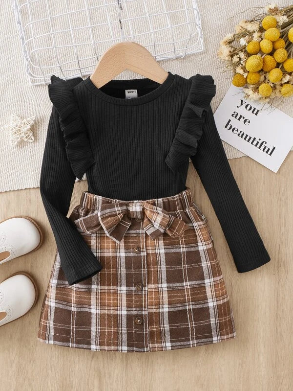 SHEIN Young Girl Ribbed Knit Tee & Plaid Bow Front Skirt