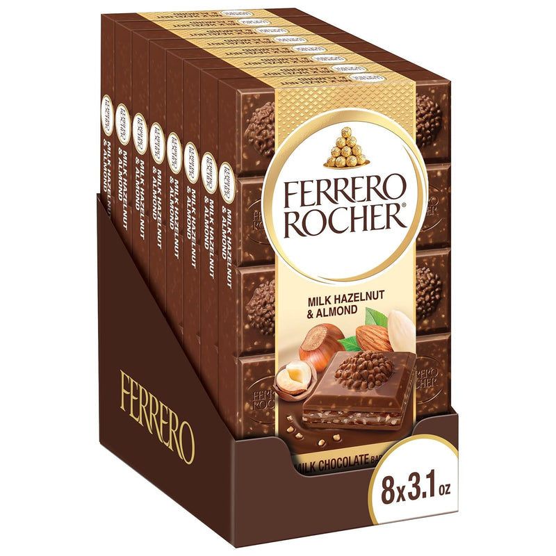 Ferrero Rocher Barras de chocolate premium, paquete de 8, chocolate con leche, avellana y almendras, chocolate de lujo, envueltas individualmente