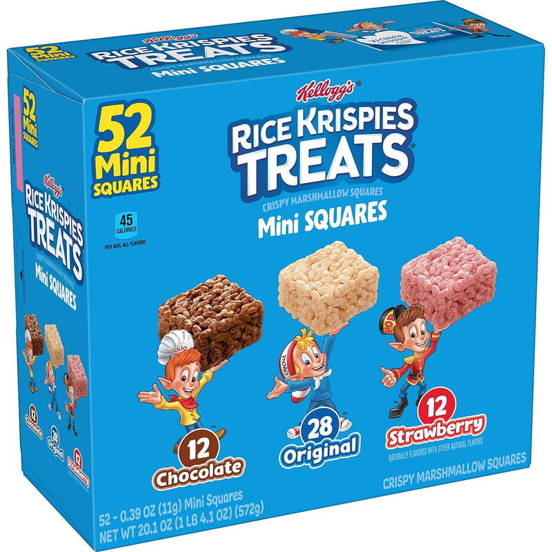 Rice Krispies Treats Mini cuadrados, aperitivos para niños, aperitivos para el almuerzo, paquete variado, caja de 20.1 onzas (52 barras)