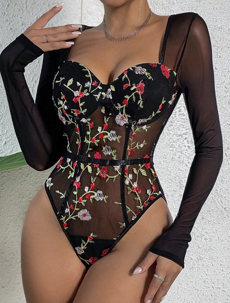 SHEIN BAE Floral Embroidery Mesh Panel Bustier Bodysuit