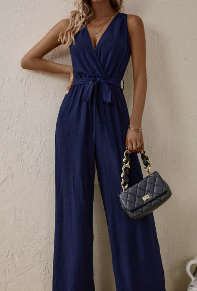 SHEIN LUNE Solid Belted Wide Leg Jumpsuit