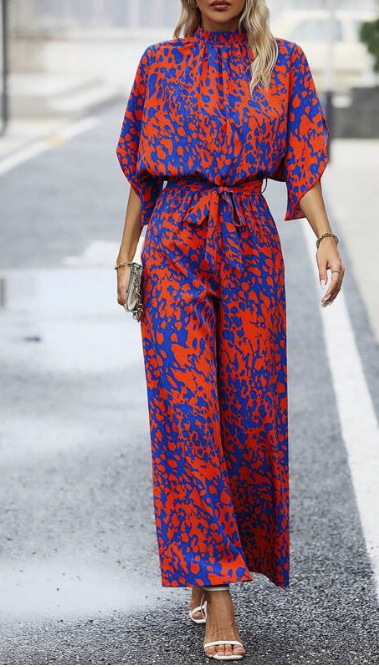 Allover Print Batwing Sleeve Belted Jumpsuit