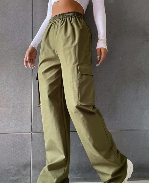 Solid High Waist Flap Pocket Cargo Pants
