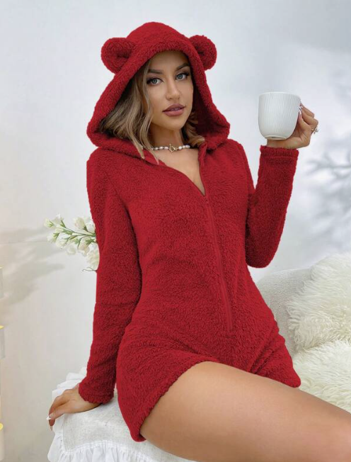 Zip Up 3D Ears Design Hooded Flannel Romper