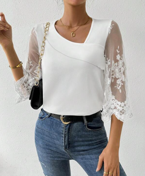 SHEIN Frenchy Embroidered Mesh Sleeve T-Shirt