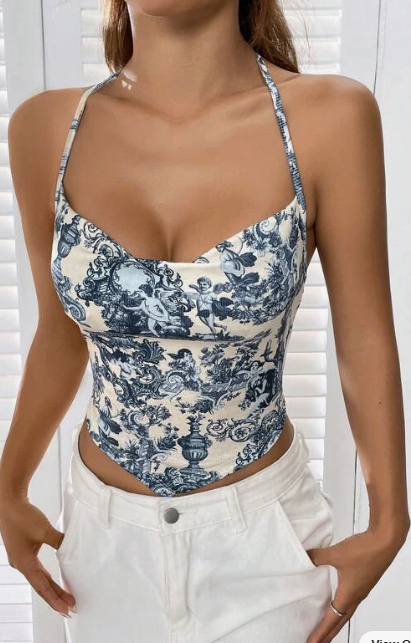 SHEIN EZwear Floral Print Draped Front Halter Top