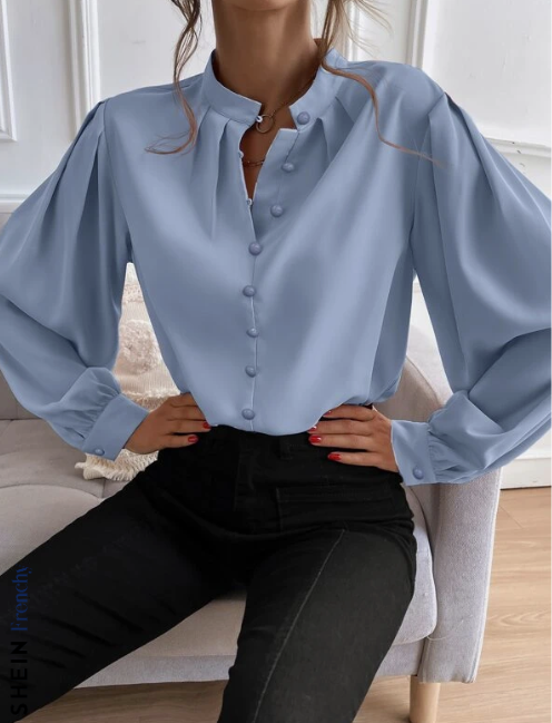 SHEIN Frenchy Bishop Sleeve Button Up Blouse