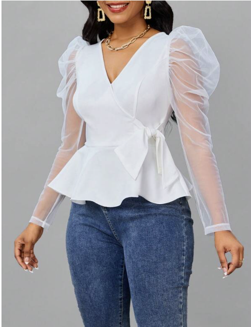 SHEIN Lady Contrast Mesh Gigot Sleeve Knot Side Wrap Blouse
