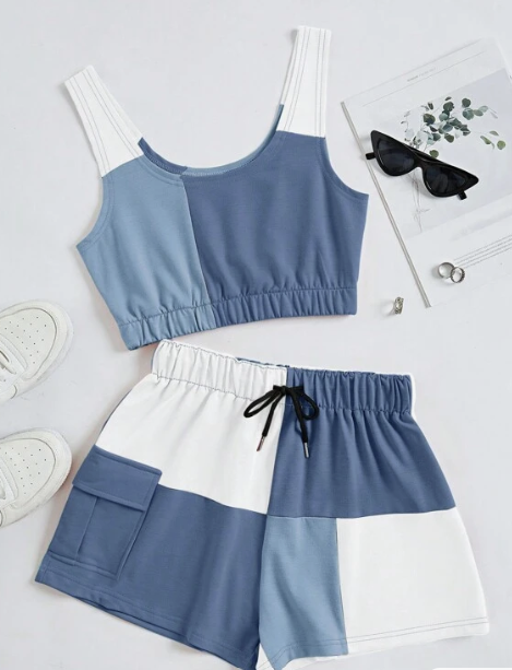 Colorblock Crop Tank Top & Flap Pocket Shorts