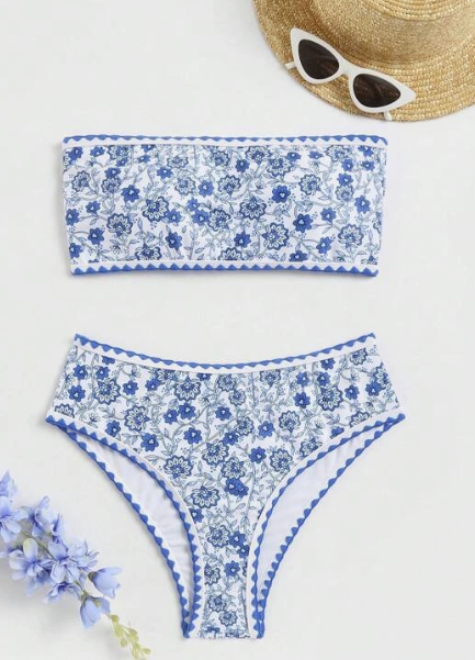 SHEIN Swim BohoFeel Floral Print Bandeau Bikini Swimsuit