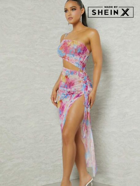 Free Soul Tie Dye One Shoulder Drawstring Side Cut Out Split Thigh Mesh Dress