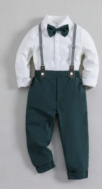 Young Boy Bow Front Shirt & Suspender Pants Suit Set