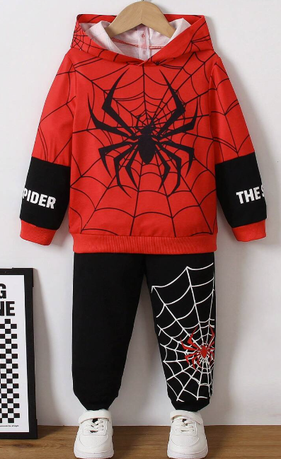 SHEIN Kids QTFun 2pcs/Set Trendy And Cute Spider Printed Casual Comfortable Sweatshirt Set For Toddler Boys, Spring And Autumn