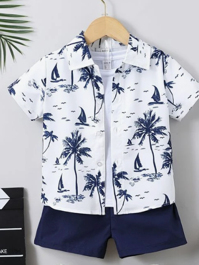 SHEIN Kids SUNSHNE Young Boy Blue & White Tropical Printed Vacation-style Standard Collar Short Sleeve Two-piece Set For Street & Casual Wear In Summer