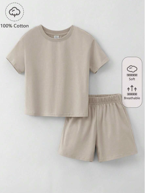 SHEIN Kids EVRYDAY Young Boy 100% Cotton Solid Tee & Shorts