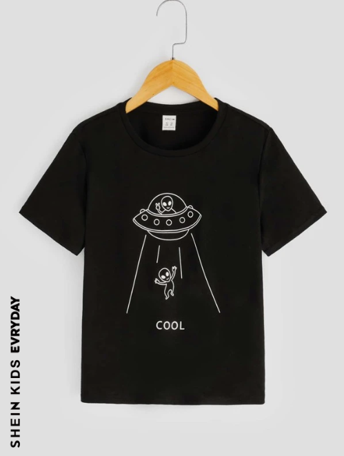 SHEIN Kids EVRYDAY Summer Leisure Knitted Short Sleeve Round Neck T-Shirt With Alien & Letter Print For Tween Boys