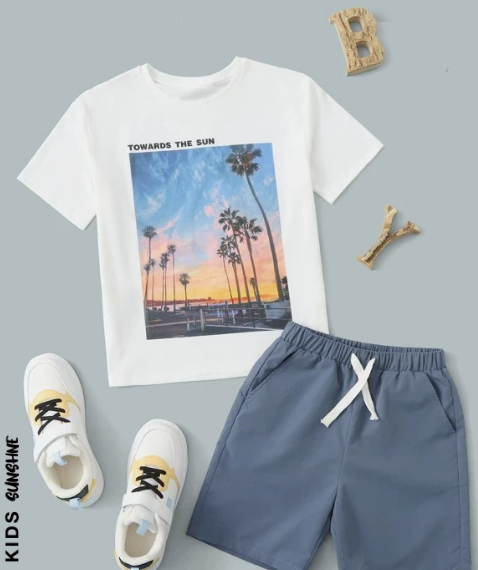 SHEIN Kids SUNSHNE Tween Boy Slogan And Tropical Print Top & Shorts
