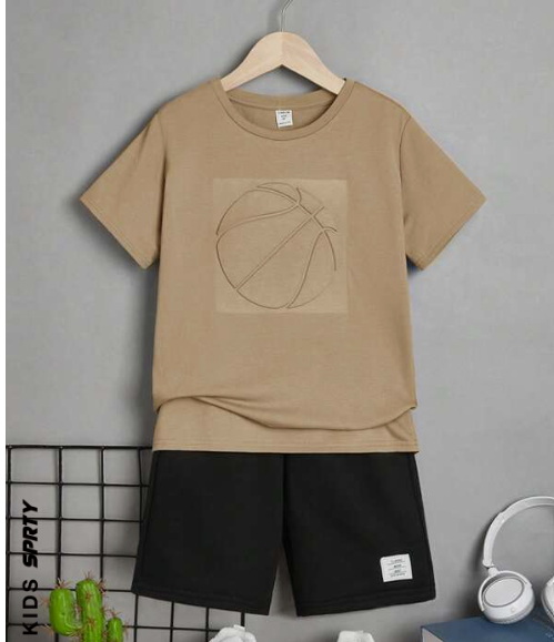 SHEIN Kids SPRTY Tween Boy Basketball Pattern Tee & Letter Patched Detail Shorts