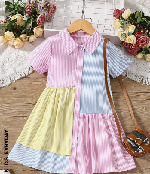 SHEIN Kids EVRYDAY Young Girl Multicolor Striped Color Block Elegant Collared Short Sleeve A-line Dress For Summer