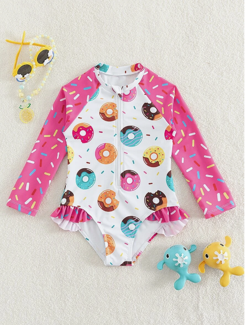 Young Girl Donuts Print Zipper Front One Piece Swimsuit