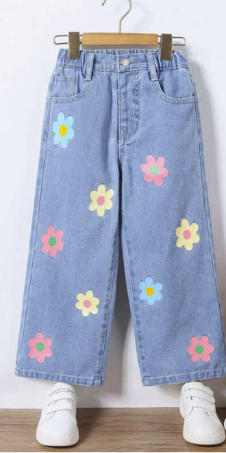 Young Girl Floral Print Wide Leg Jeans