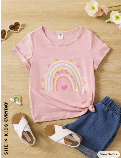 SHEIN Kids EVRYDAY Young Girl Light Pink Heart-shaped Casual Cute T-shirt, Regular Sleeve, Round Neck, Summer