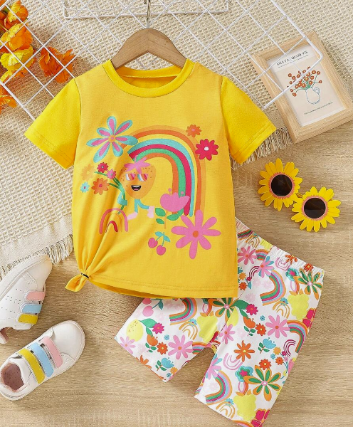 SHEIN Kids QTFun Young Girl Rainbow & Floral Print Tee & Shorts