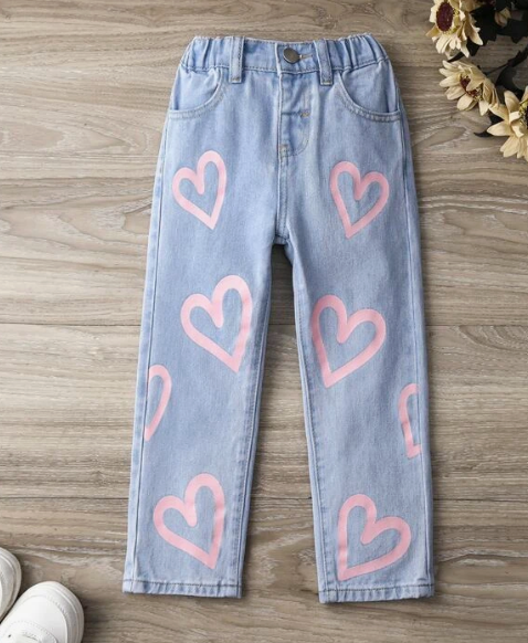 Young Girl Heart Print Straight Leg Jeans