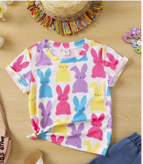 SHEIN Kids QTFun Young Girl Cartoon Bunny Pattern Printed Short Sleeve T-shirt With Round Neck For Summer Vacation