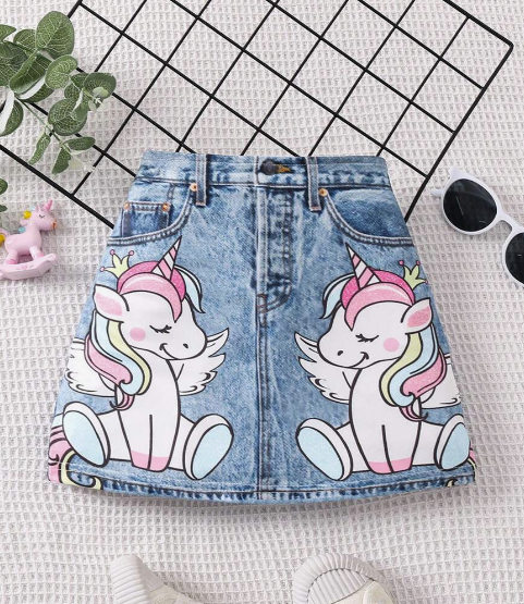 Young Girl Denim-Effect and Unicorn Print Skirt