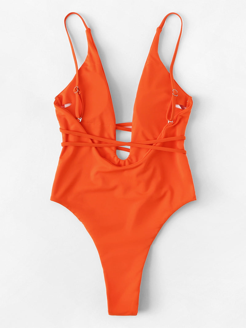 Deep Plunge Low Back One Piece Swimsuit