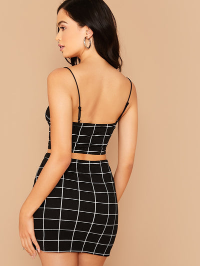 BAE Grid Print Cropped Cami Top Mini Skirt Set