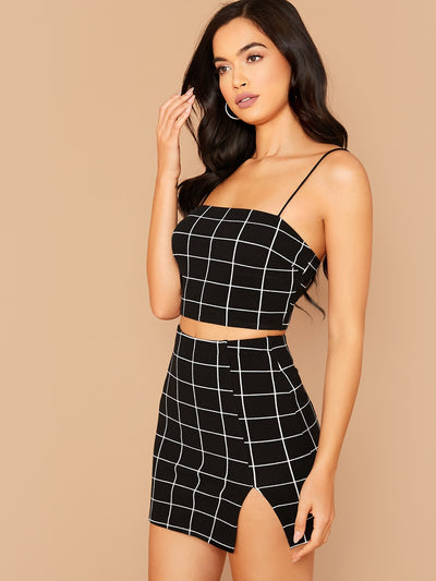 BAE Grid Print Cropped Cami Top Mini Skirt Set