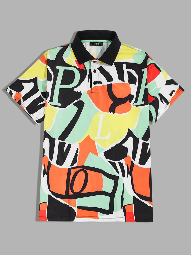 Men Color Block & Letter Graphic Polo Shirt