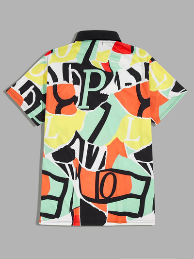 Men Color Block & Letter Graphic Polo Shirt