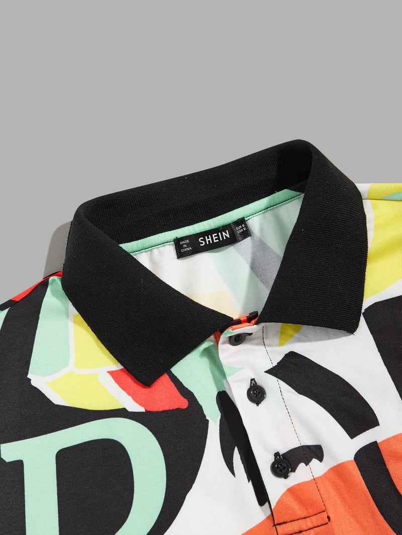 Men Color Block & Letter Graphic Polo Shirt