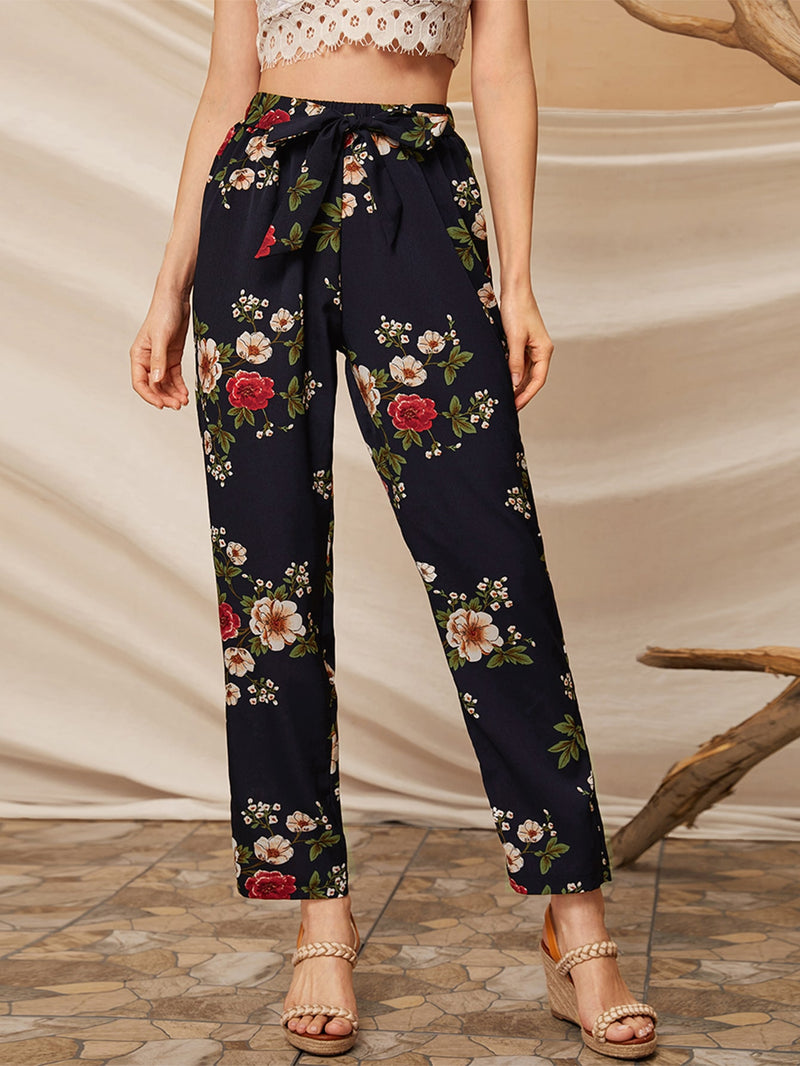 Floral Print Belted Straight Leg Pants