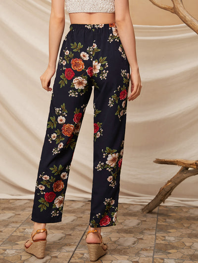 Floral Print Belted Straight Leg Pants