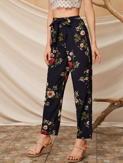 Floral Print Belted Straight Leg Pants