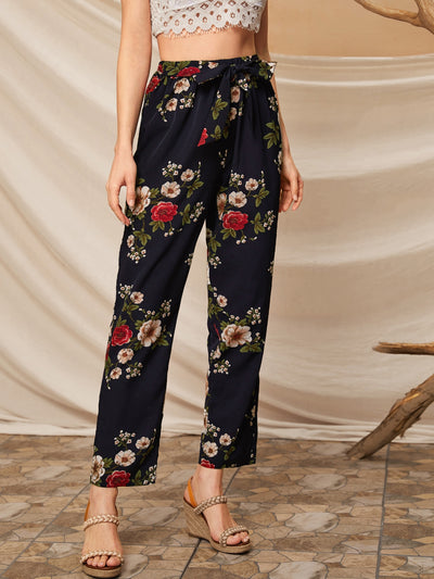 Floral Print Belted Straight Leg Pants