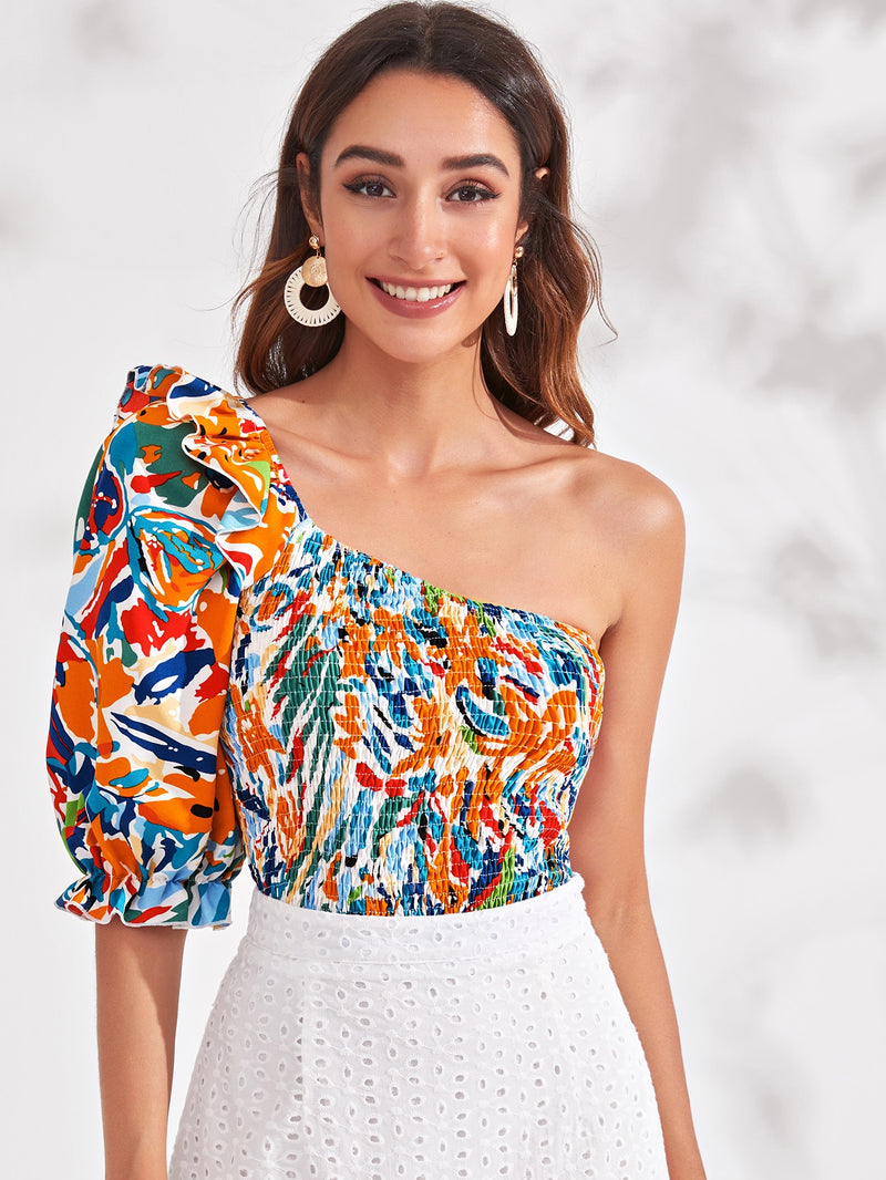Allover Print Shirred Ruffle One Shoulder Top