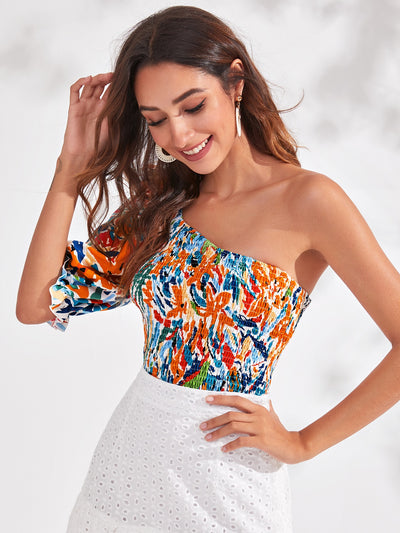 Allover Print Shirred Ruffle One Shoulder Top