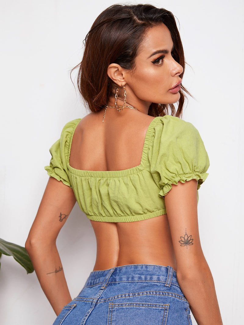 VCAY Frill Cuff Tie Front Crop Milkmaid Top VERO