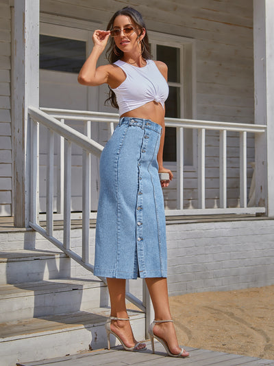 Button Front Longline Denim Skirt