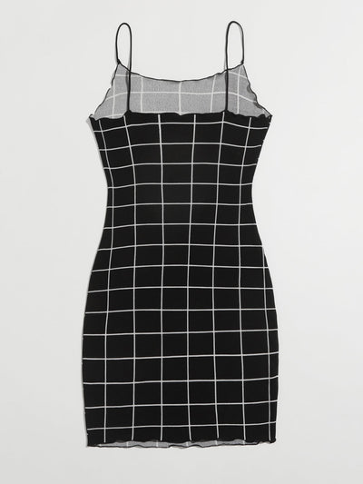 Felegant Lettuce Trim Grid Bodycon Dress