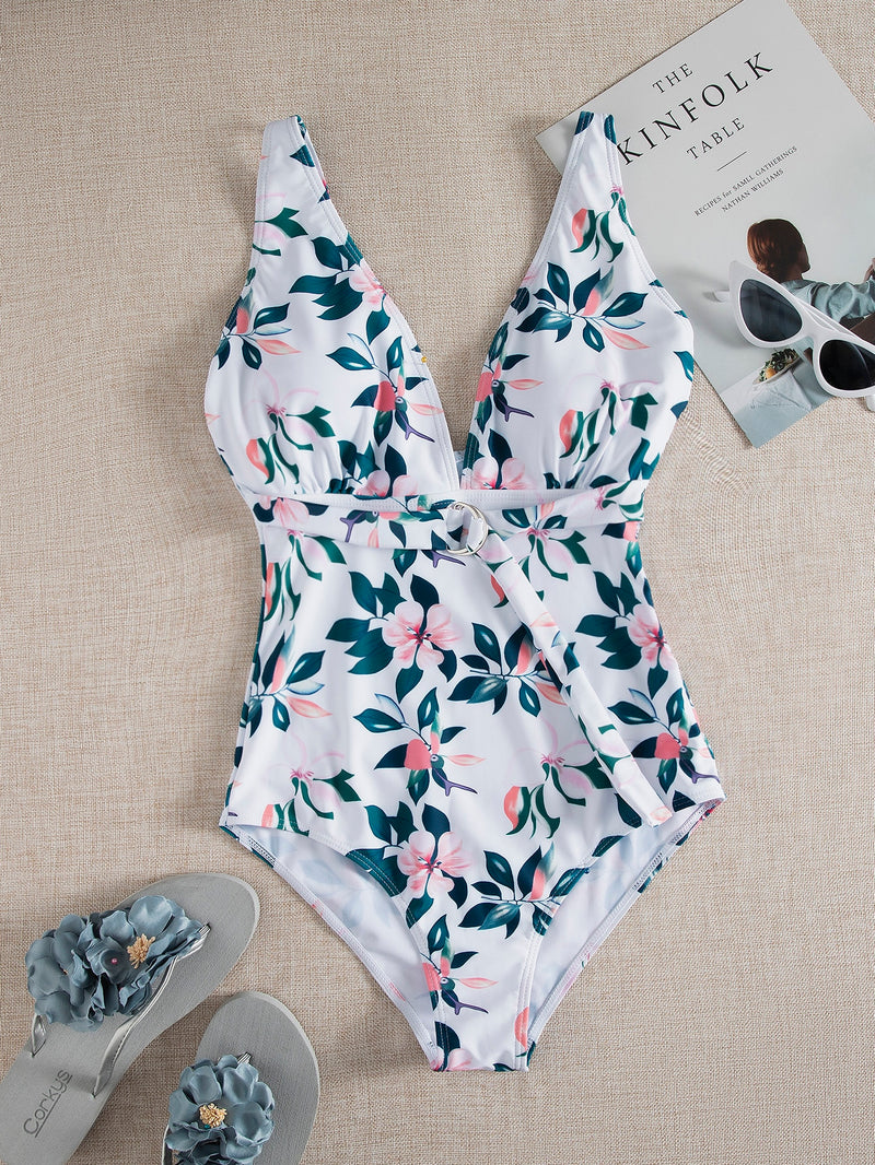 Floral Leaf Print Ring Knot One Piece Swimsuit