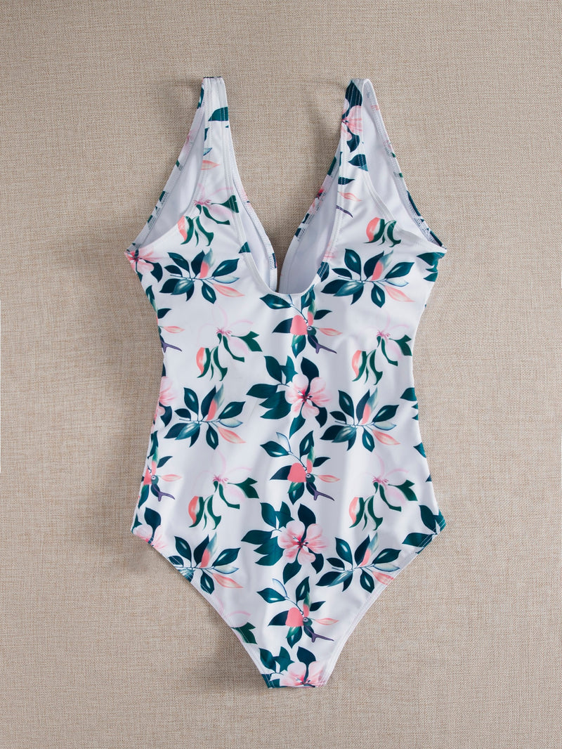 Floral Leaf Print Ring Knot One Piece Swimsuit