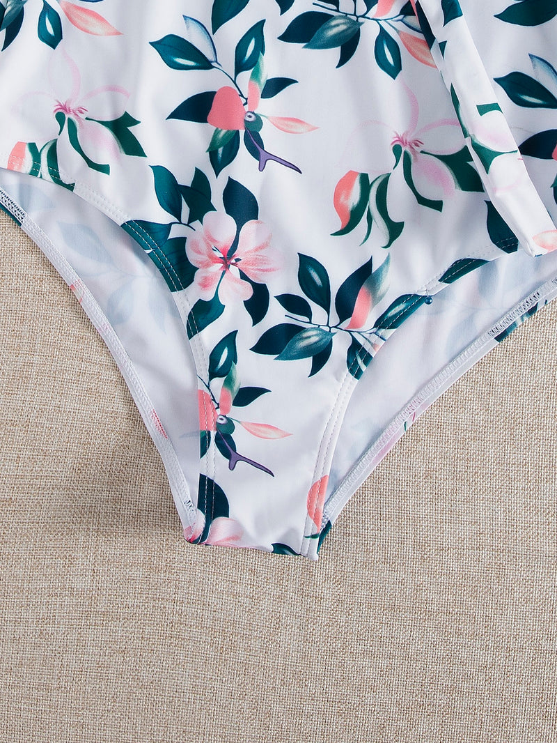 Floral Leaf Print Ring Knot One Piece Swimsuit