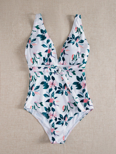 Floral Leaf Print Ring Knot One Piece Swimsuit